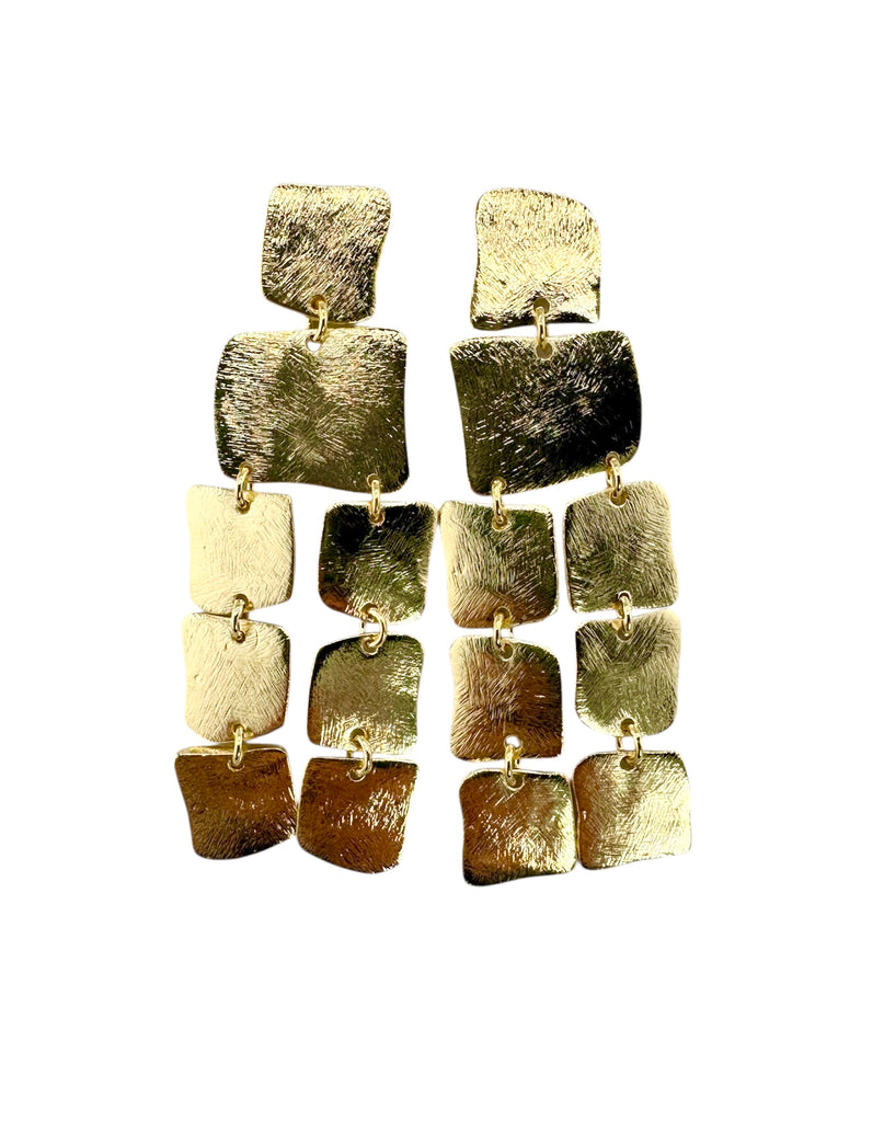 Gold square pendant earrings on a white background