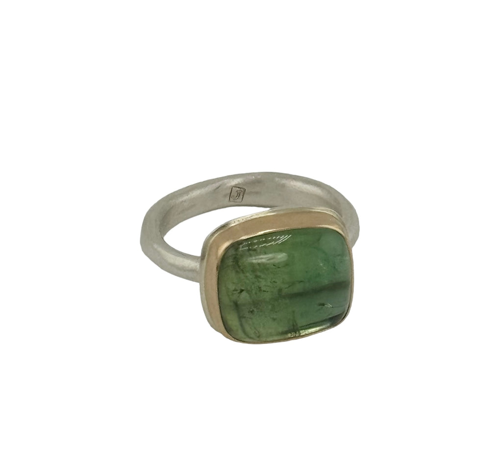 Smooth Rectangular Green Tourmaline Ring at an angle