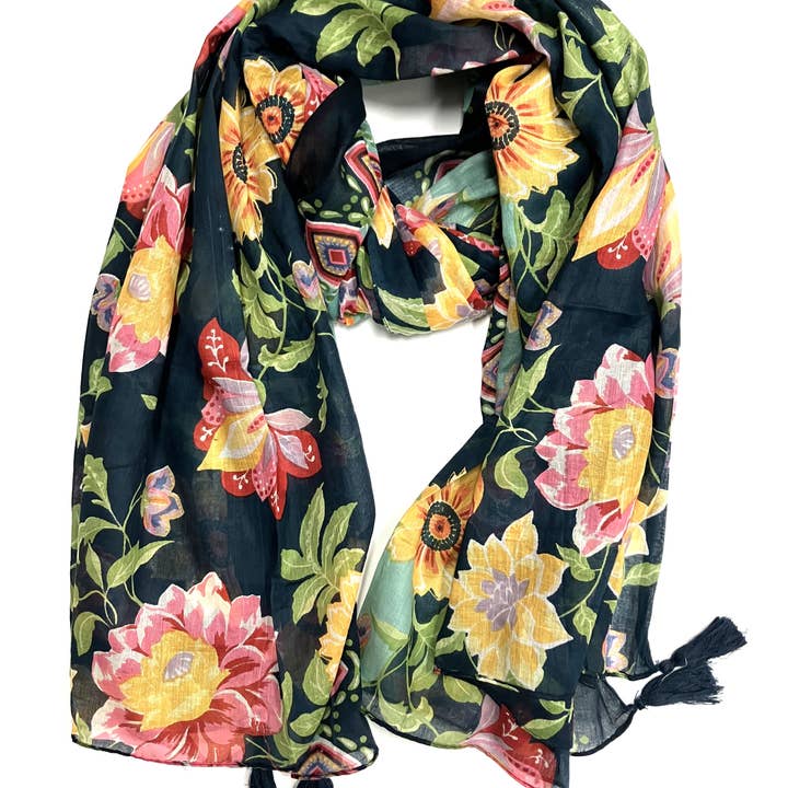 Floral patterned scarf with colorful flowers on a black background