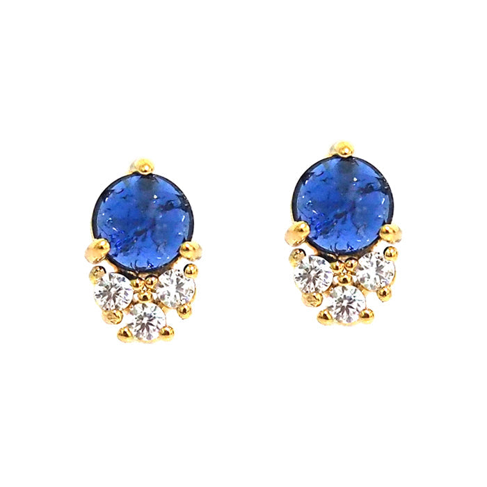 Pair of earrings with blue gemstones and gold accents on a white background