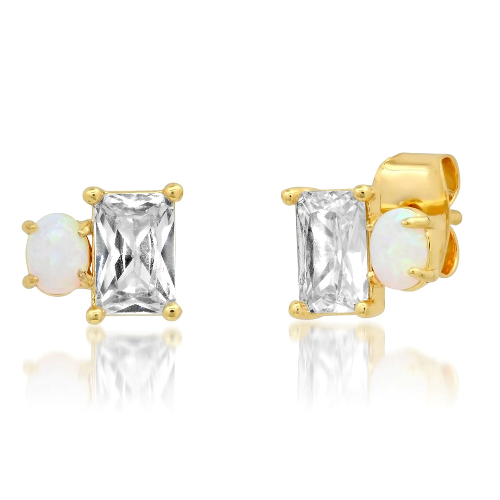 CZ stone and opal on gold stud