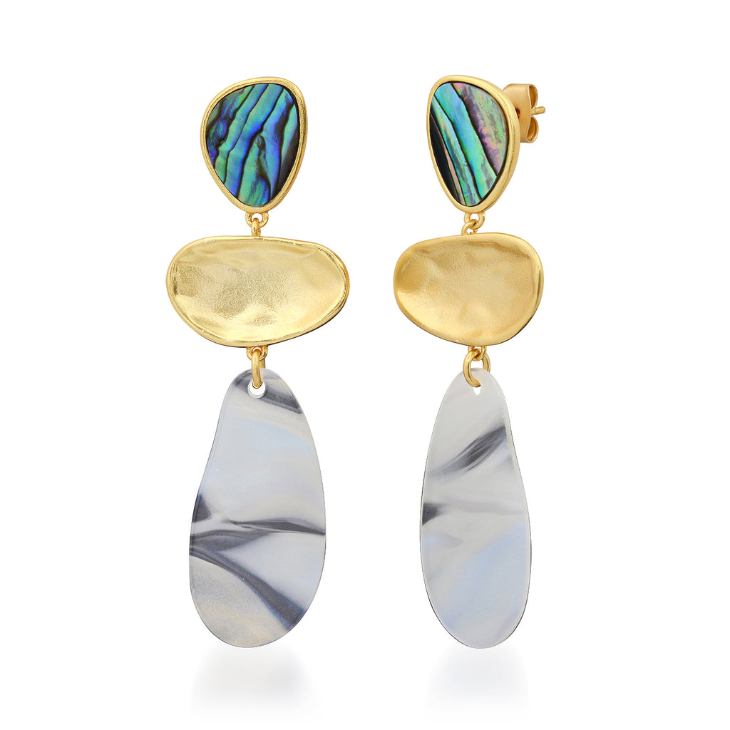 Gold earrings with abalone shell and marbled stone design on a white background