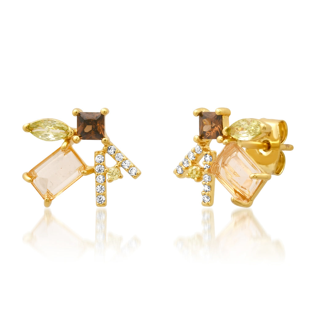 Gold based earrings with four varied stones and multiple CZ stones