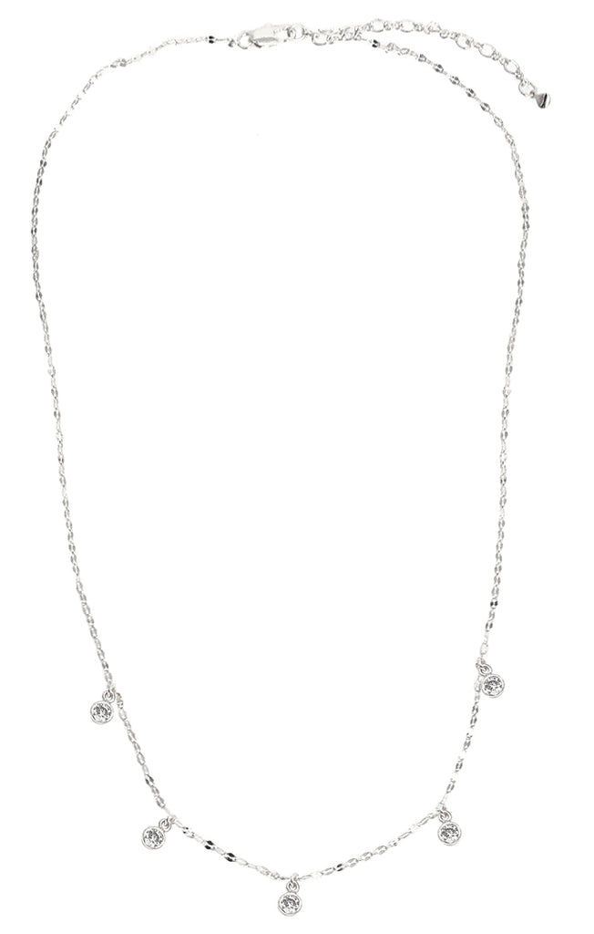Silver necklace with small round pendants on a white background