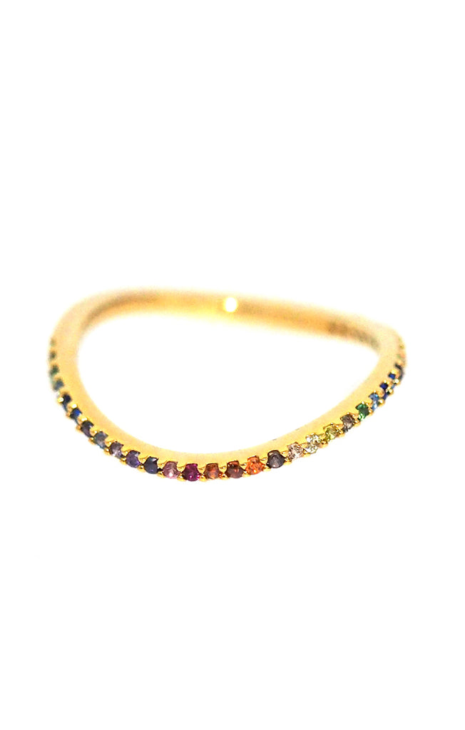 Gold ring with multicolored gemstones on a white background