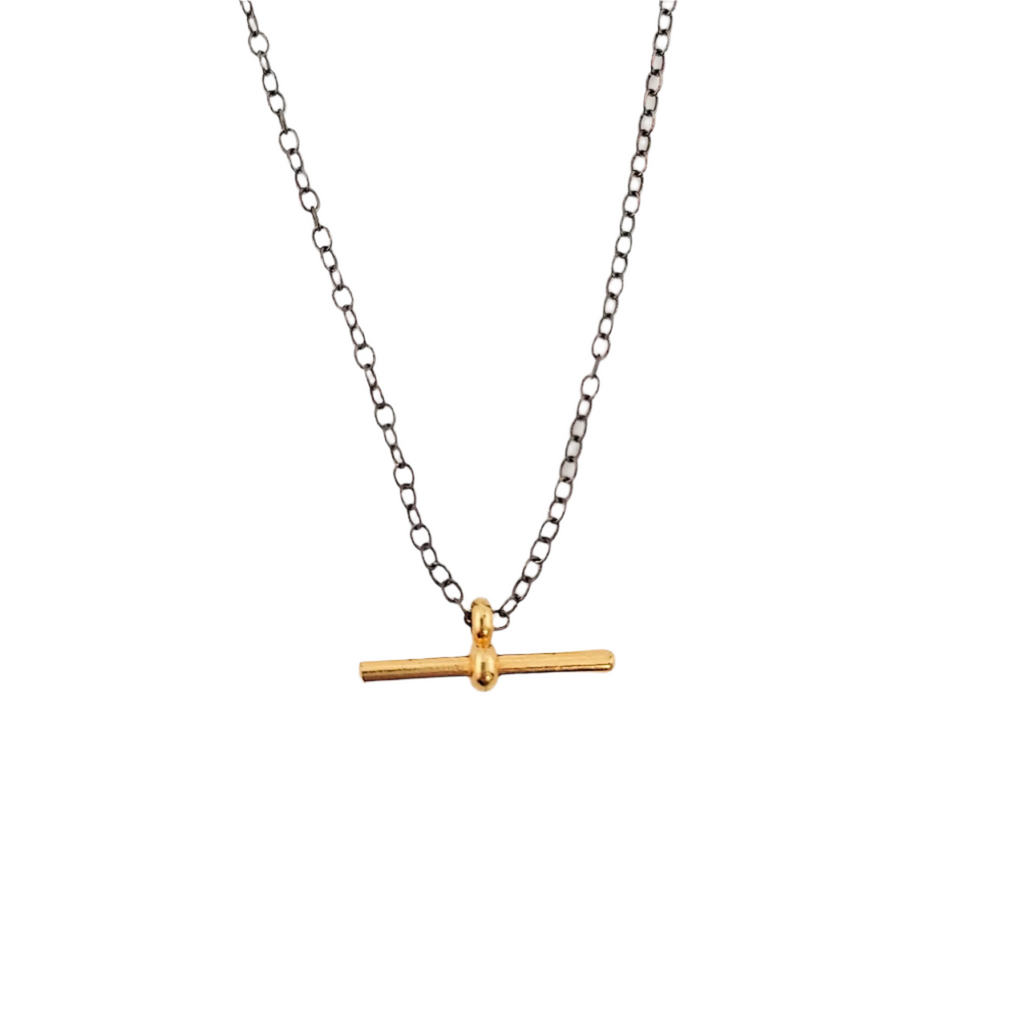Toggle Pendant Necklace gold pendant on oxidized chain