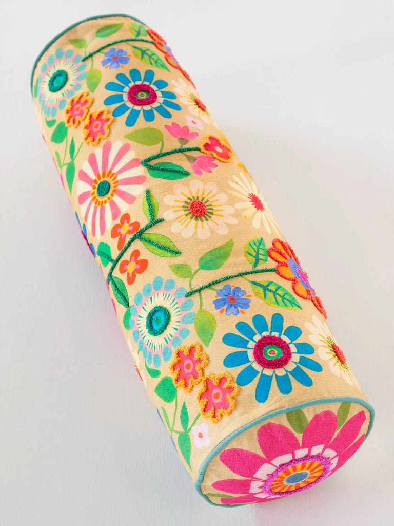 Tufted Bolster Folk Flower Pillow