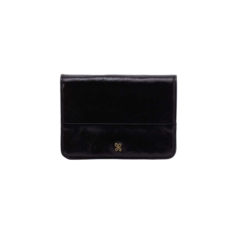 Black leather wallet with a brand logo on a white background