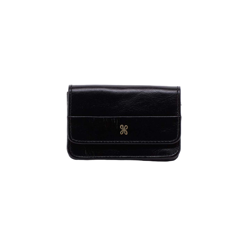 Black wallet with a brand logo on a white background