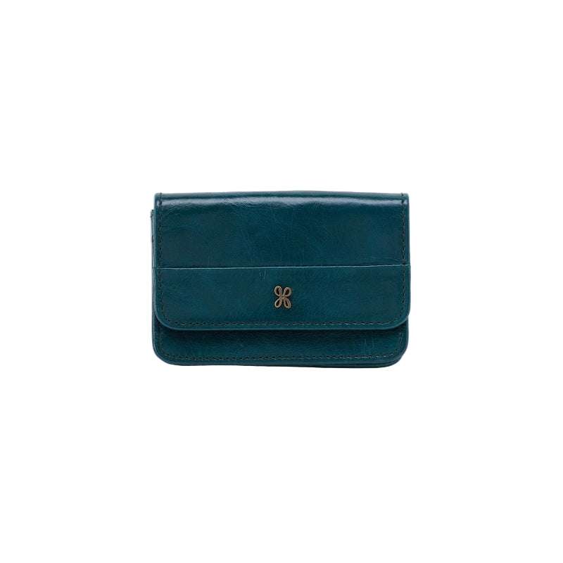 Teal wallet with a gold emblem on a white background