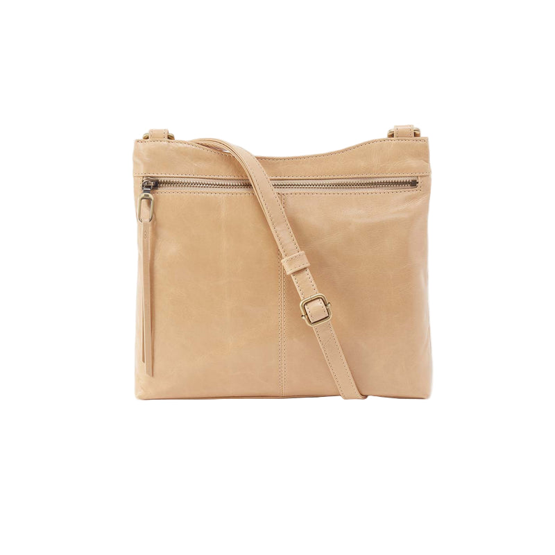 Beige crossbody bag on a white background