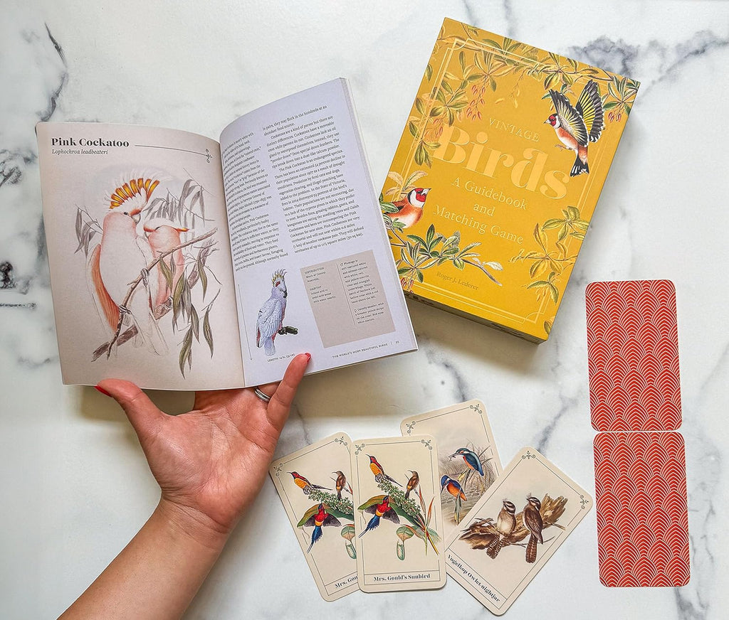 Book, cards, and playing cards on a marble surface with bird illustrations.