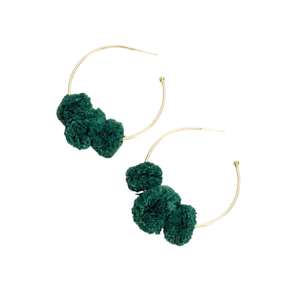 Gold post hoop earrings decorated with green poms