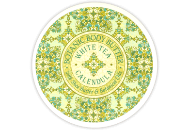 Round container of Organic Body Butter with floral design on a white background