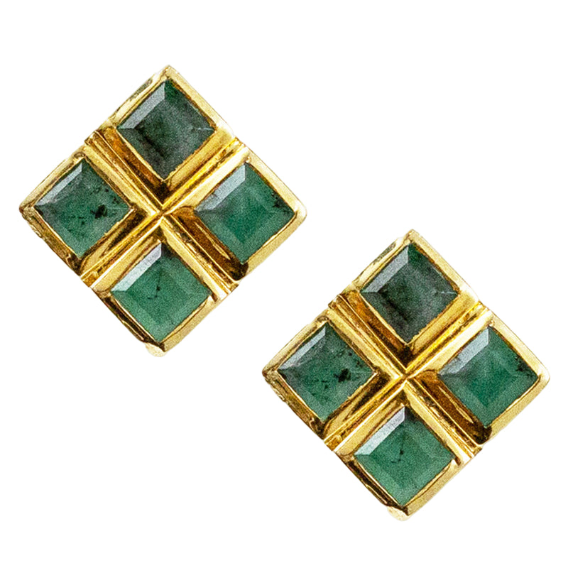 Gold and green square stud earrings on a white background