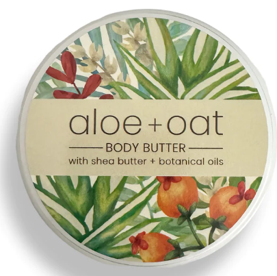 jar lid with floral design for aloe+oat body butter on white background