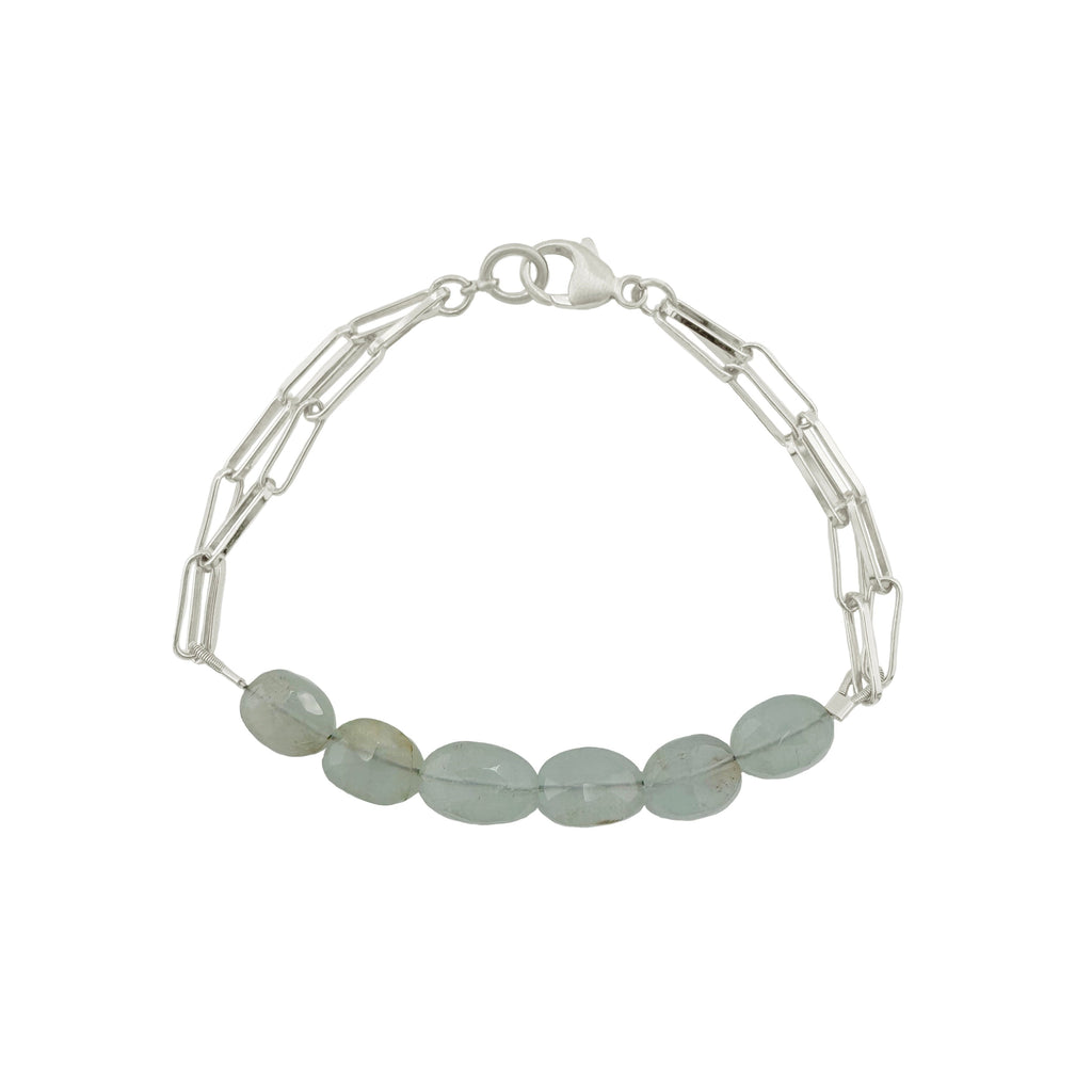 aquamarine beads on paperclip chain bracelet in silver