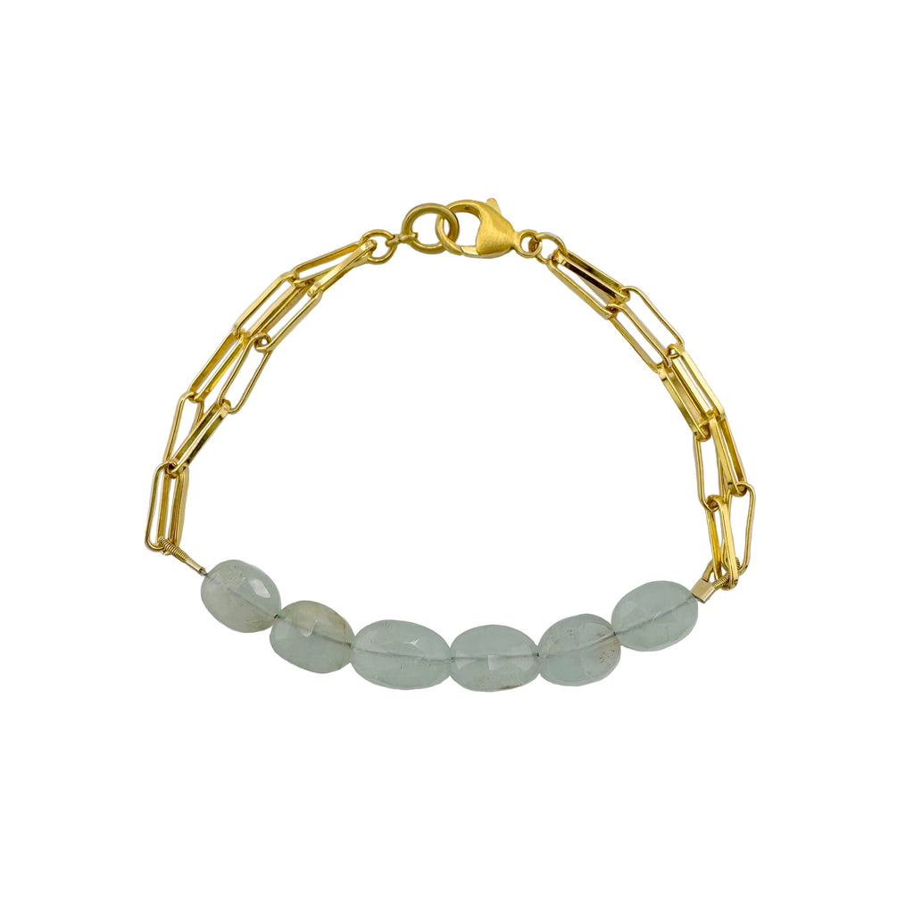 aquamarine beads on paperclip chain bracelet in gold vermeil