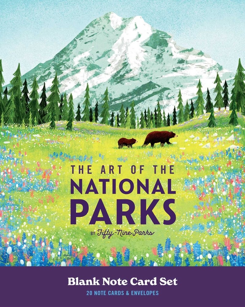 box with image of mountain trees bears flowers