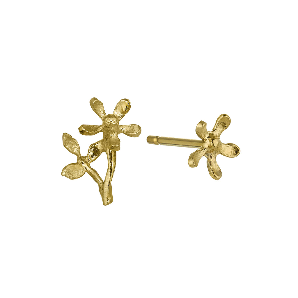 delicate assymetric flower post earrings  in gold one is a stem flower and leave one is just a flower