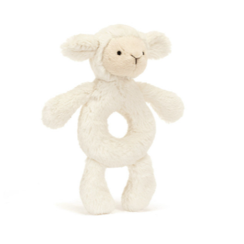 bashful lamb ring rattle front view over white background