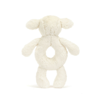 bashful lamb ring rattle back view over white background