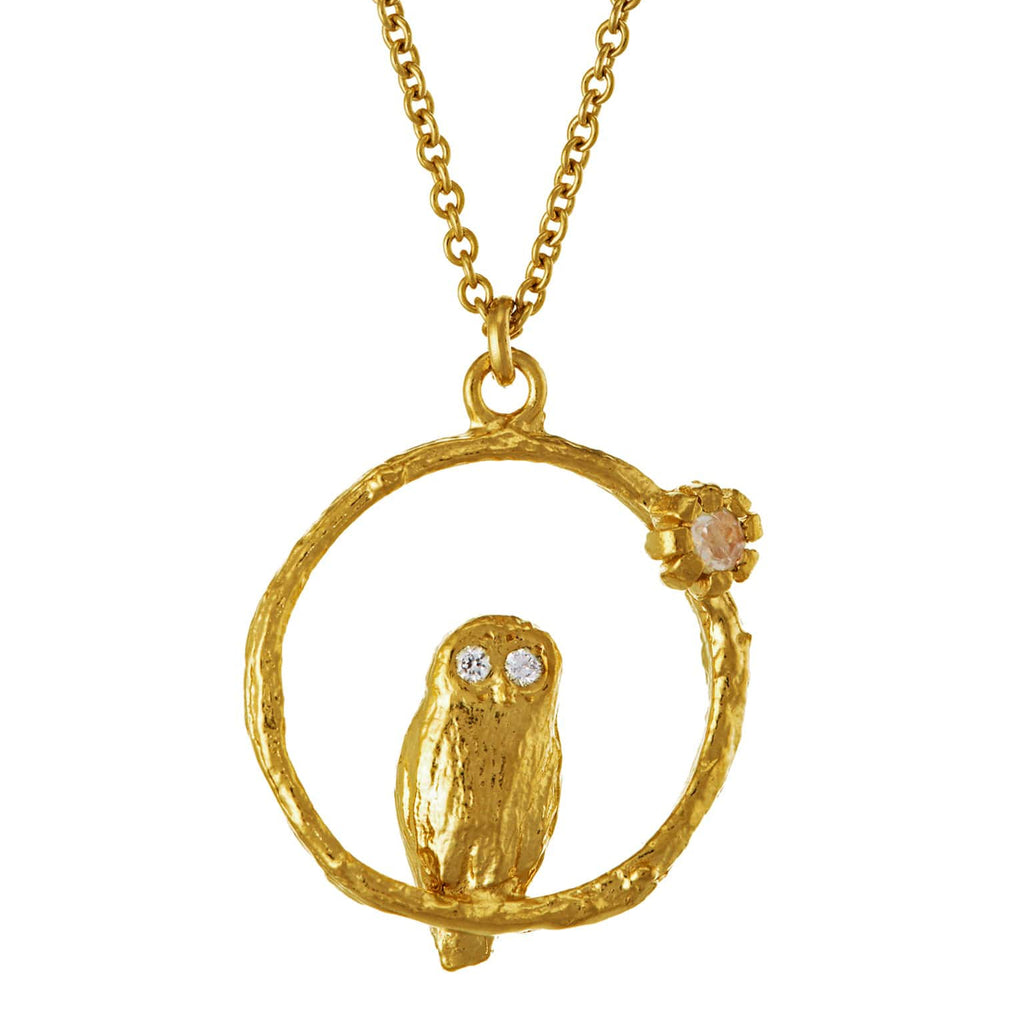 Gold owl pendant necklace on a white background