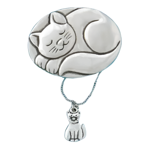 silver sleeping cat with silver necklace with cat charm