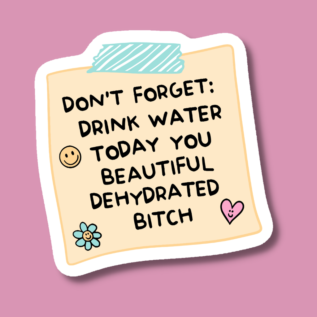 Cartoon notepad with humorous text on a pink background