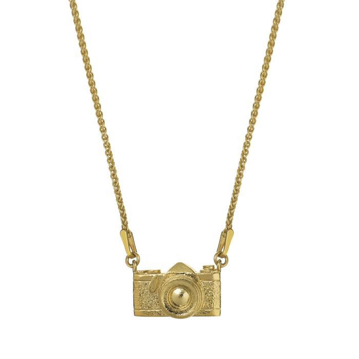 gold plate vintage camera necklace, pendant close up, white background