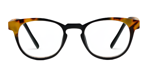 Round eyeglasses with a tortoiseshell frame on a white background