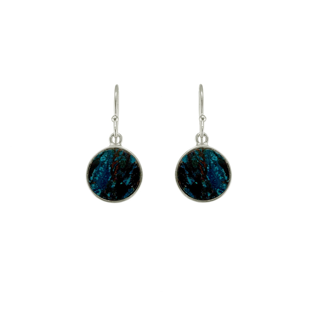 chrysocolla coin earrings in silver