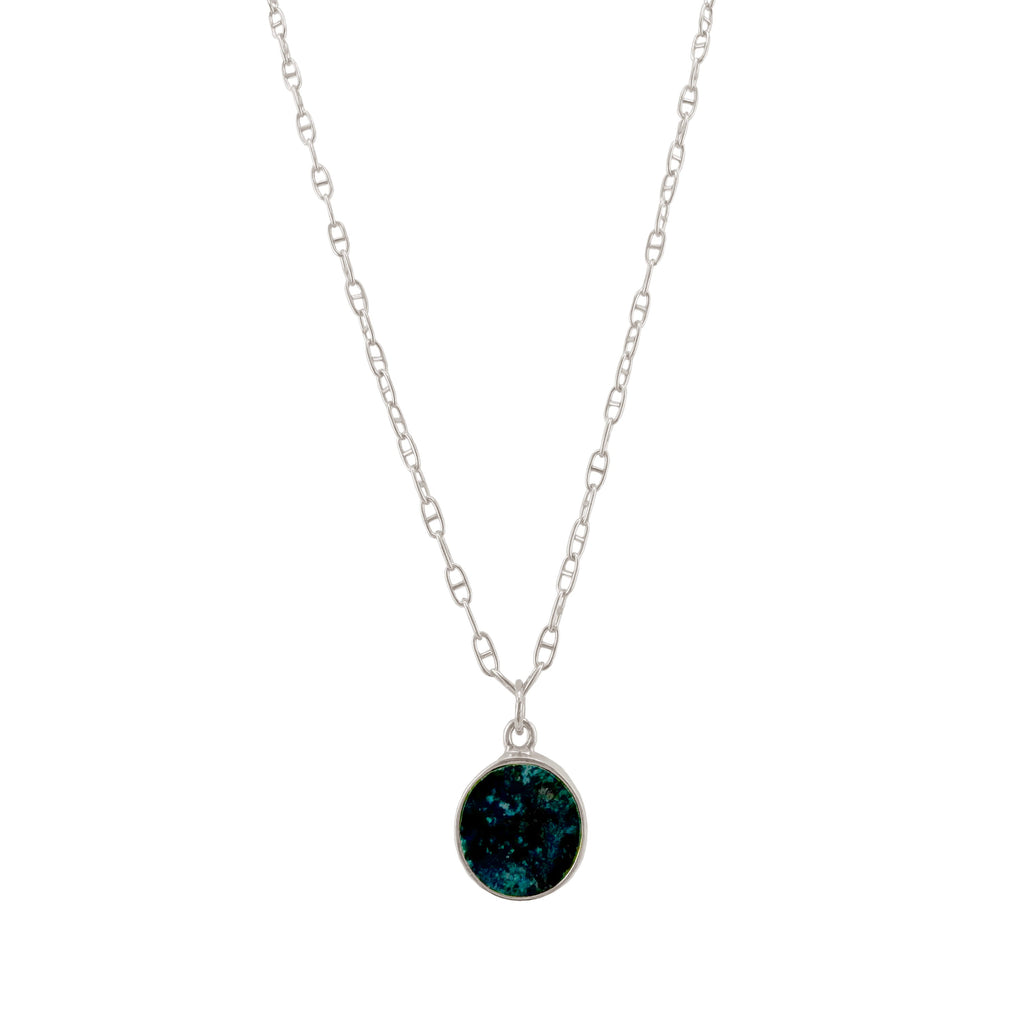 chrysocolla coin necklace in silver