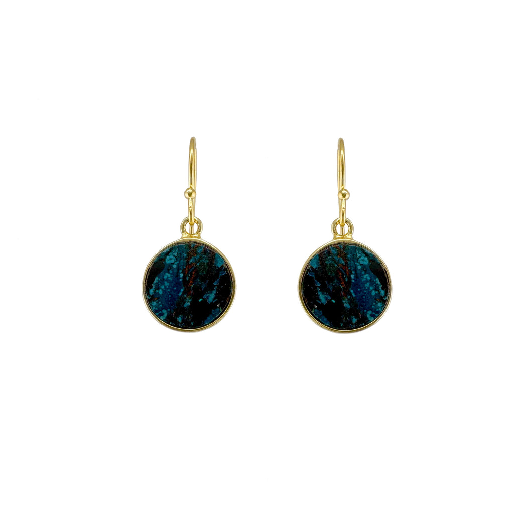 chrysocolla coin earrings in gold vermeil