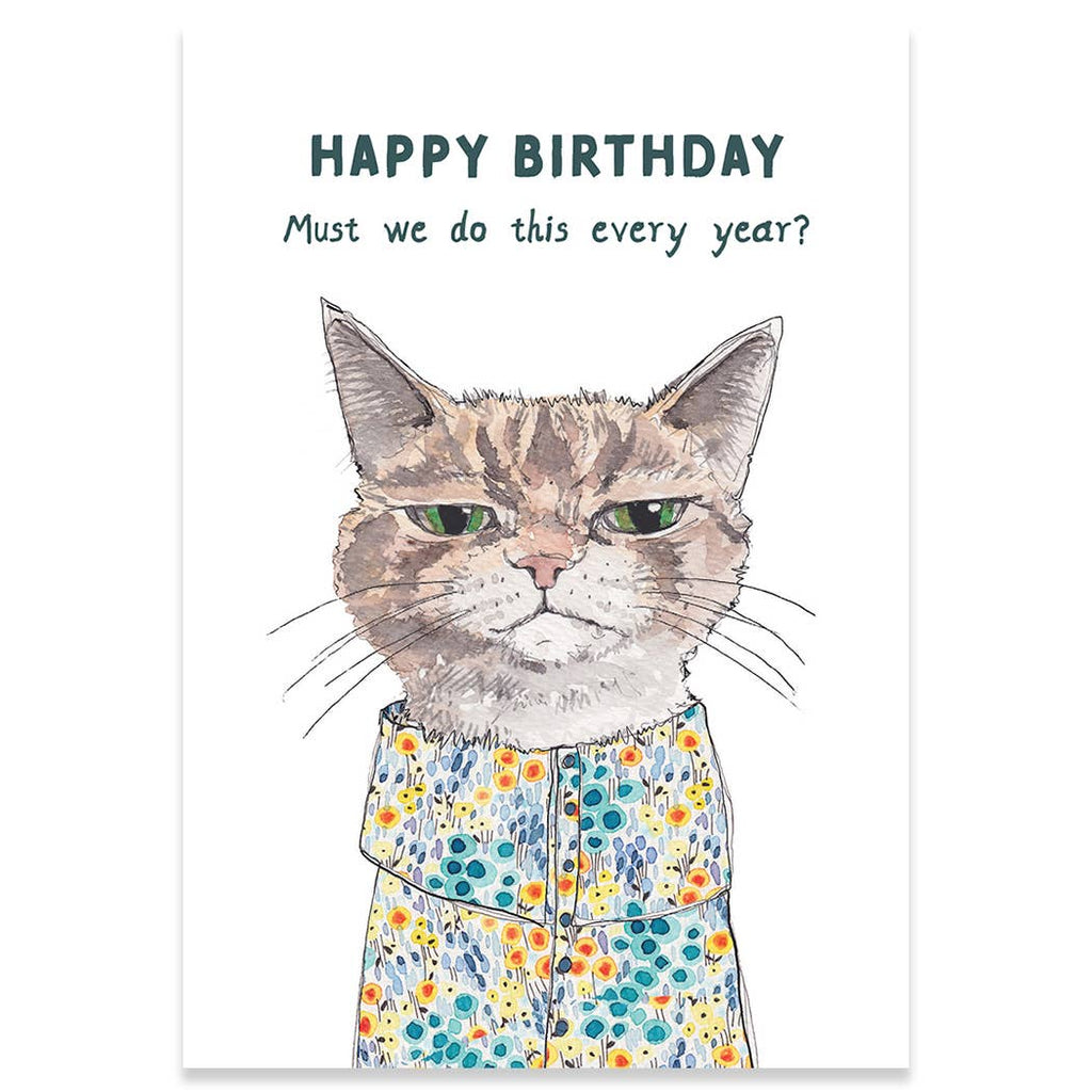 Birthday card with a cat illustration and humorous text on a white background