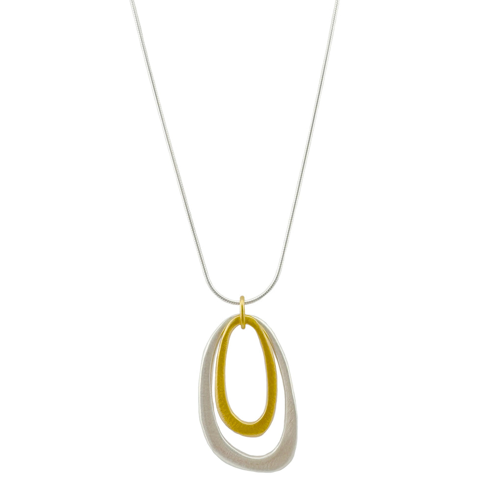 Necklace with a yellow and silver pendant on a white background