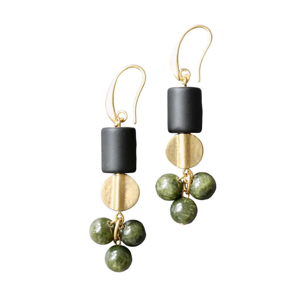 Pair of earrings with black and gold beads on a white background