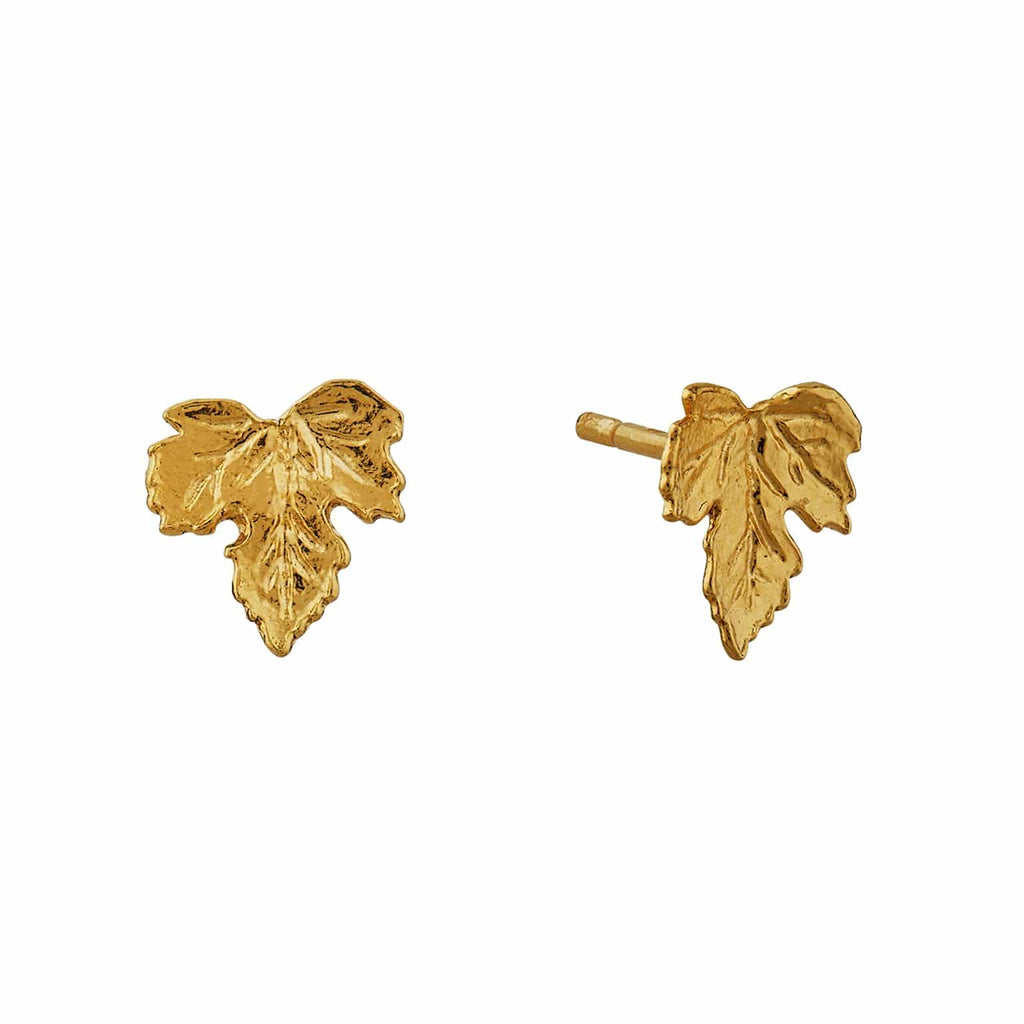 Gold leaf-shaped earrings on a white background