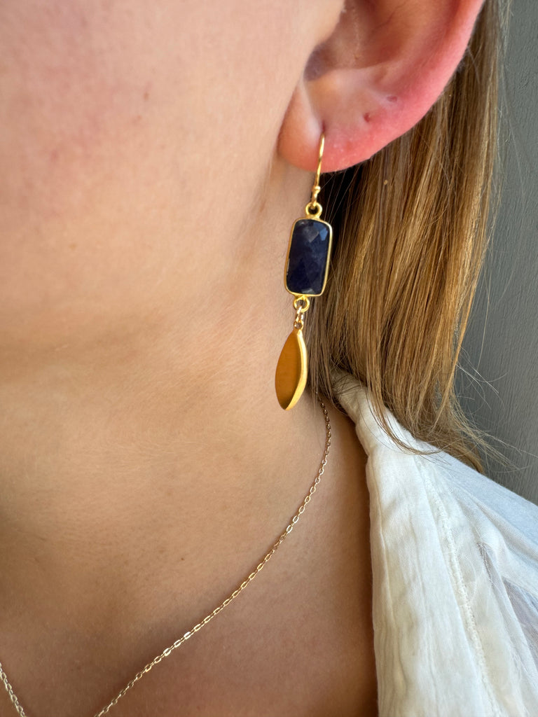 faceted stone rectangle w. leaf earrings on ear in vermeil