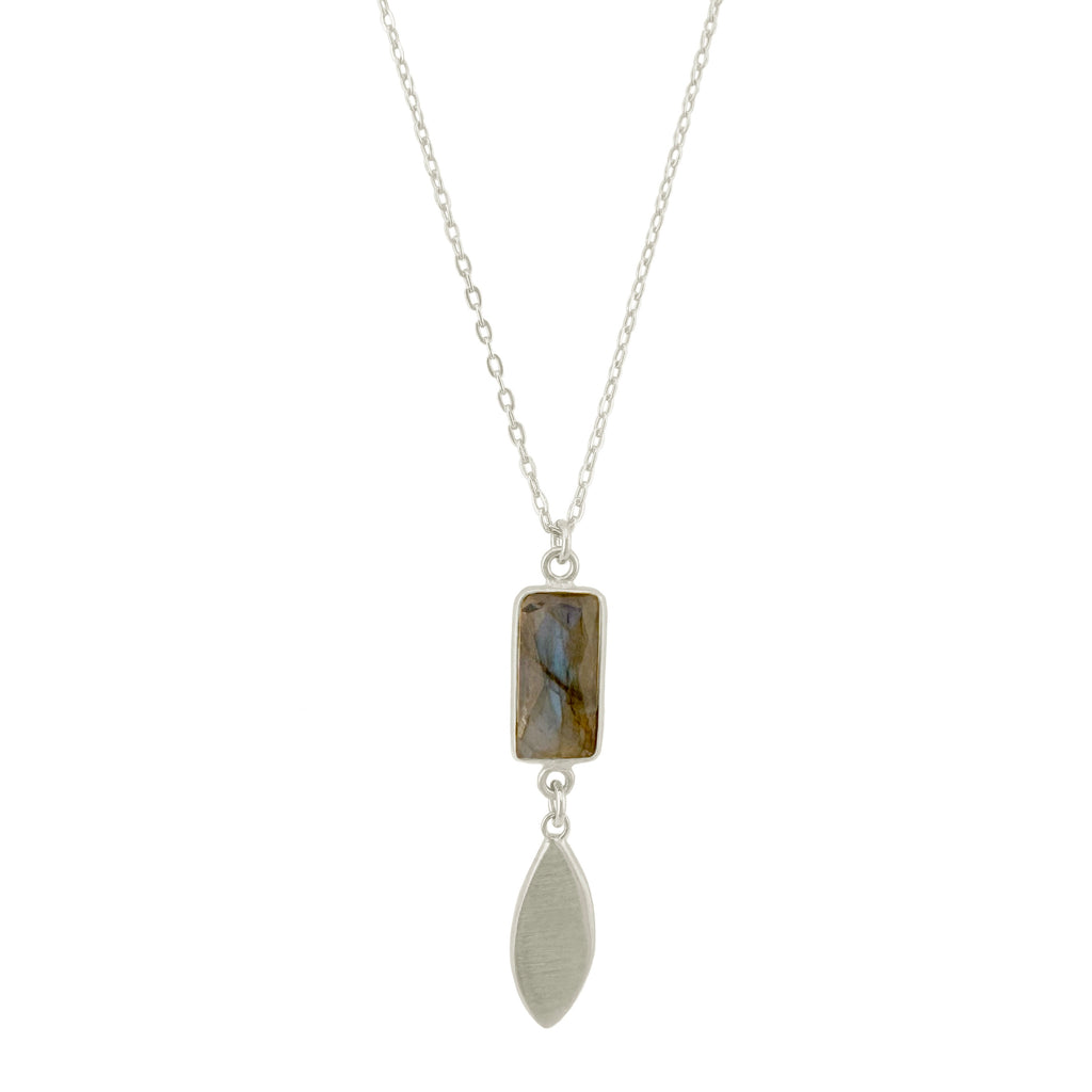 Necklace with a pendant featuring a stone and a leaf-shaped charm on a white background