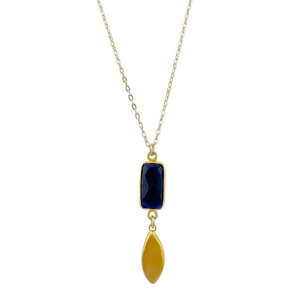 Necklace with a blue pendant and gold accent on a white background