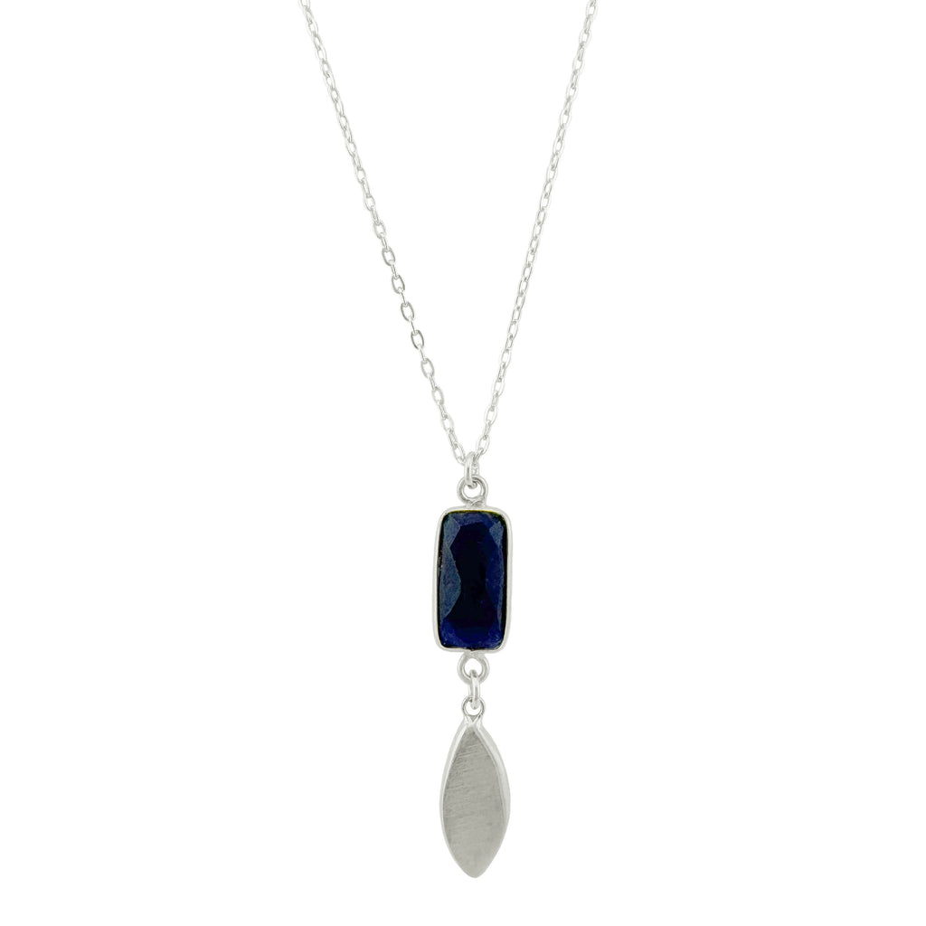 Necklace with a blue pendant and silver leaf-shaped charm on a white background