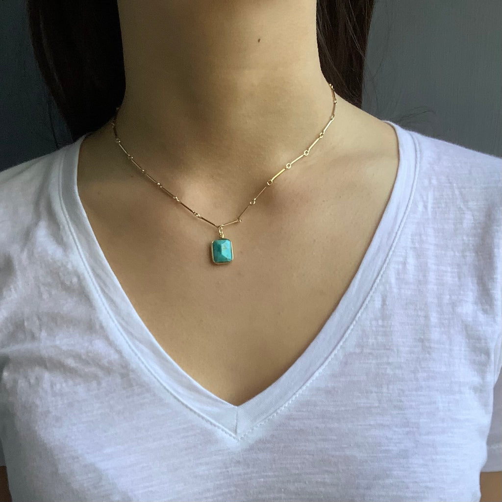 faceted turquoise rectangle necklace in vermeil on the neck