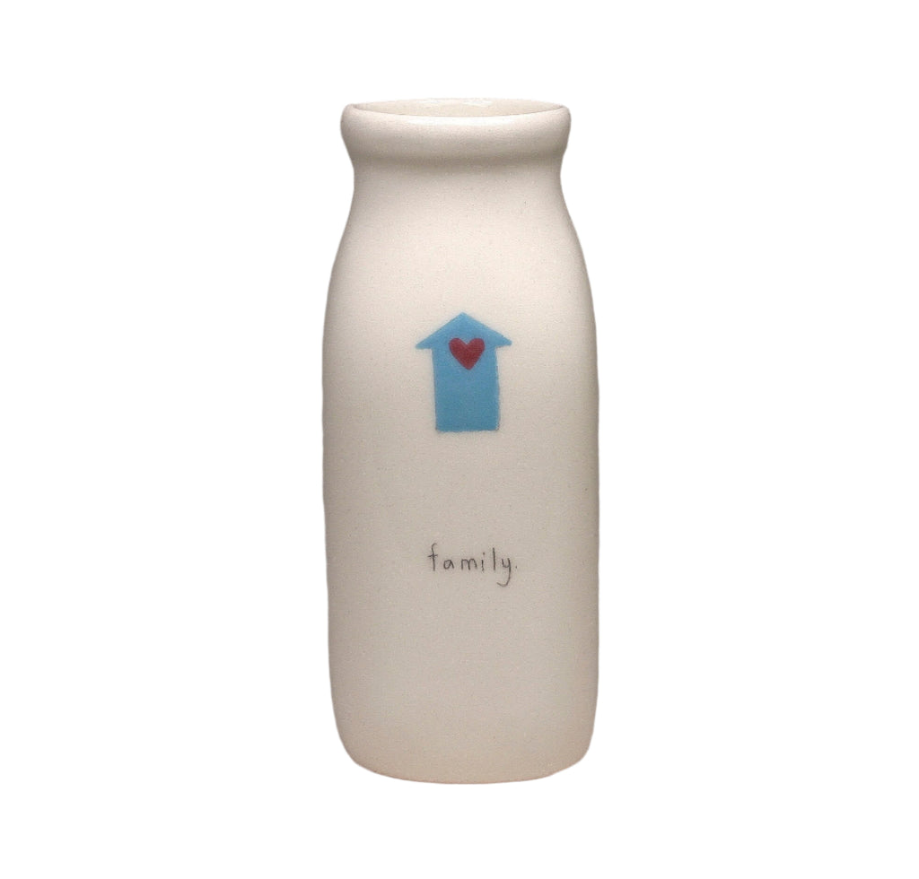 small happy vase with image of house with heart and the word family