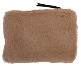 Tan fur pouch with a black zipper on a white background