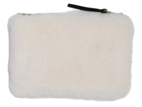 White fluffy pouch with a black zipper on a white background