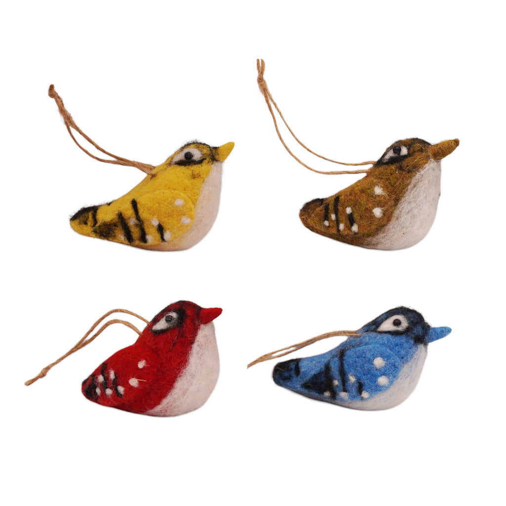 Four colorful bird-shaped ornaments on a white background