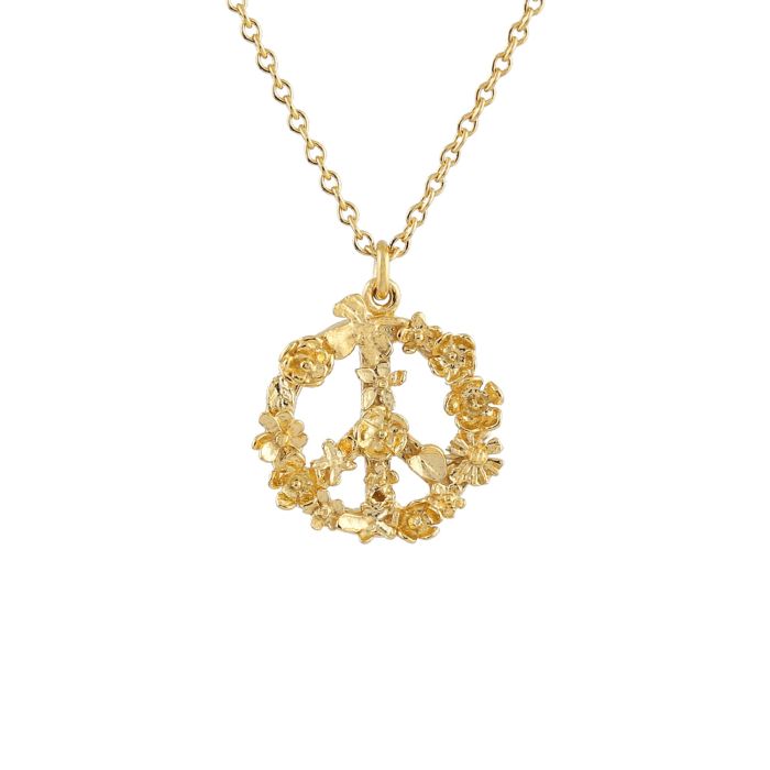 floral peace sign necklace, close up of pendant on white background