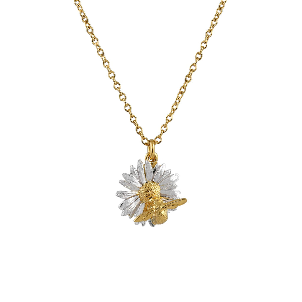 Gold and silver bee pendant necklace on a white background