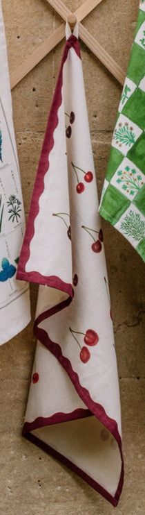 hanging cherries tea towel
